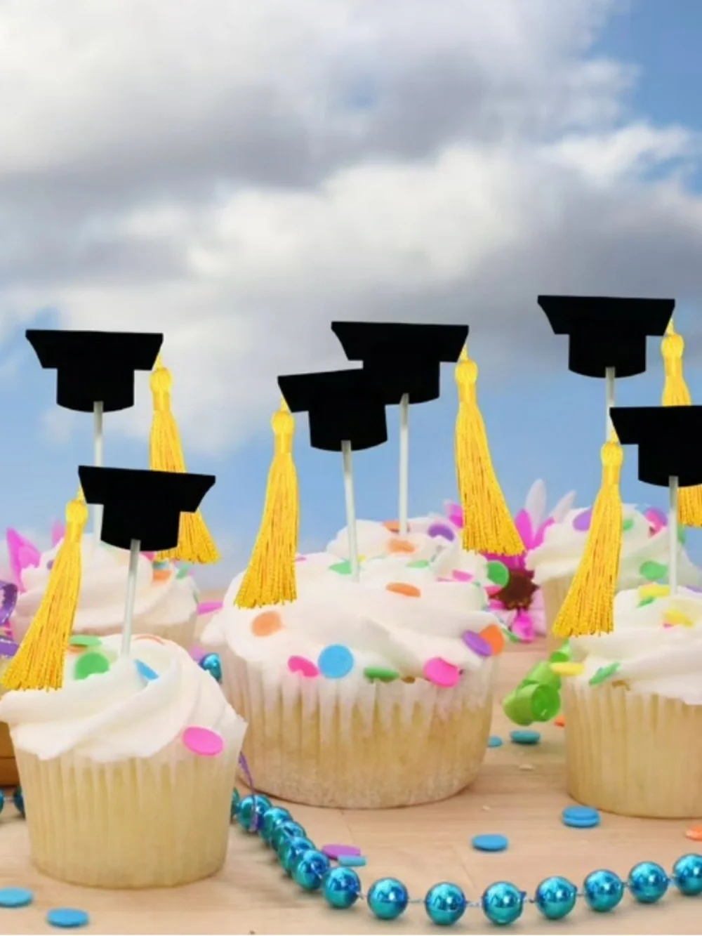 Black & Gold Graduation cap balloons, banner, cupcake toppers, decor bundle